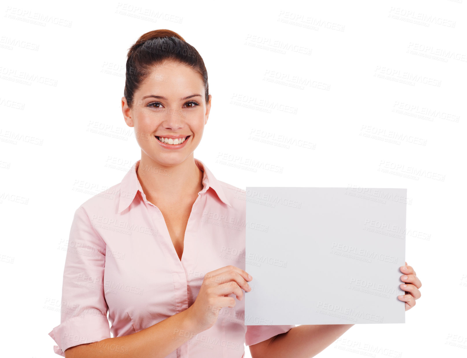 Buy stock photo Mockup, paper and smile with portrait of woman in studio for idea, promotion and space. Corporate, signage and happy with female employee and card on white background for news and presentation 