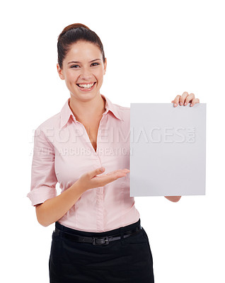 Buy stock photo Mockup, paper and portrait of business woman in studio for idea, promotion and show. Corporate, signage and happy with female employee pointing to poster on white background for news and presentation
