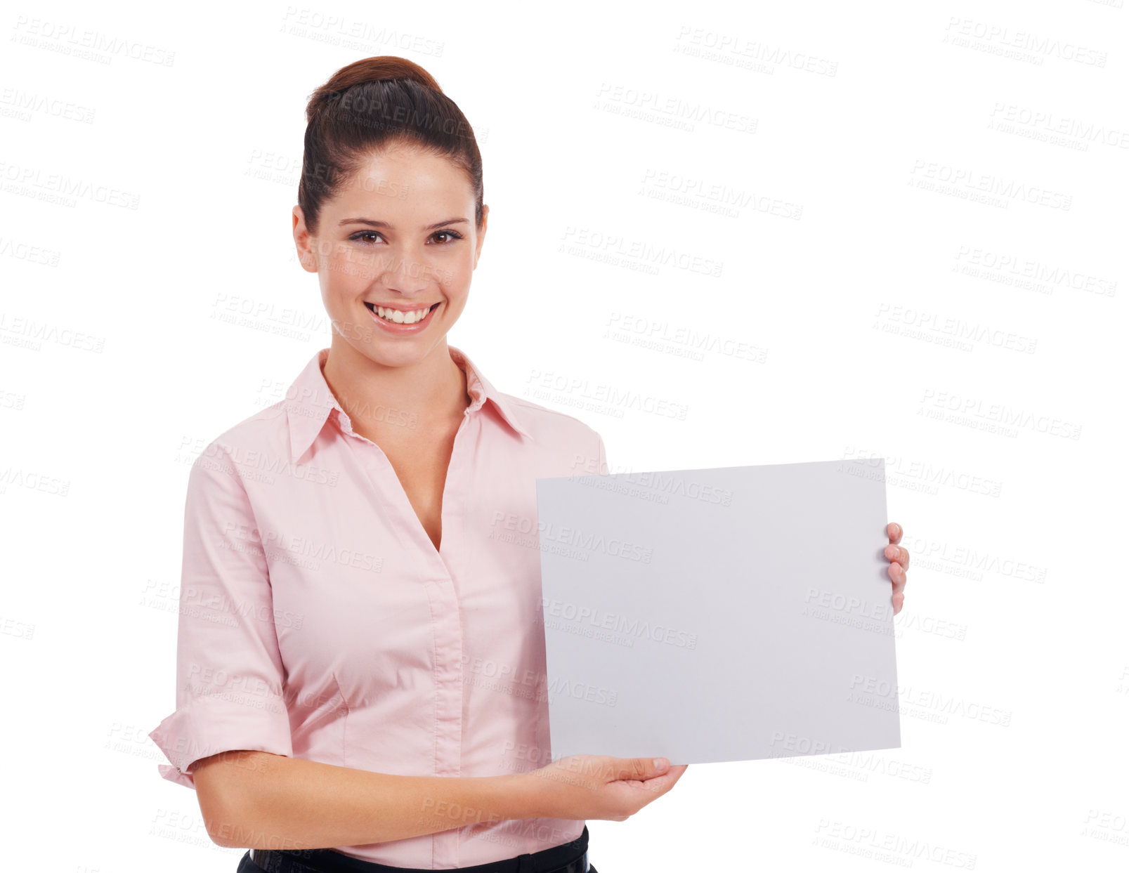 Buy stock photo Mockup, paper and poster with portrait of woman in studio for idea, promotion and show. Corporate, signage and happy with female employee and card on white background for news and presentation 