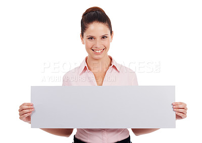 Buy stock photo Poster mockup, portrait and happy studio woman with promotion sign, information placard or commercial banner. Billboard, branding promo space or professional person smile isolated on white background