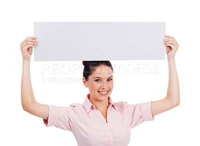 Buy stock photo Poster mockup, portrait and happy business woman with promotion sign, placard announcement or commercial banner. Brand signage, info space and professional studio person isolated on white background