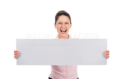 Buy stock photo Portrait, mockup and woman with a poster, promotion and girl isolated against a white studio background. Face, female person and model with paper, decision and opportunity with a smile and choice
