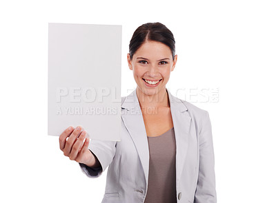 Buy stock photo Portrait, mockup and woman with a paper, deal and promotion isolated against white studio background. Face, female person or employee with a poster, decision or choice with brand logo or presentation