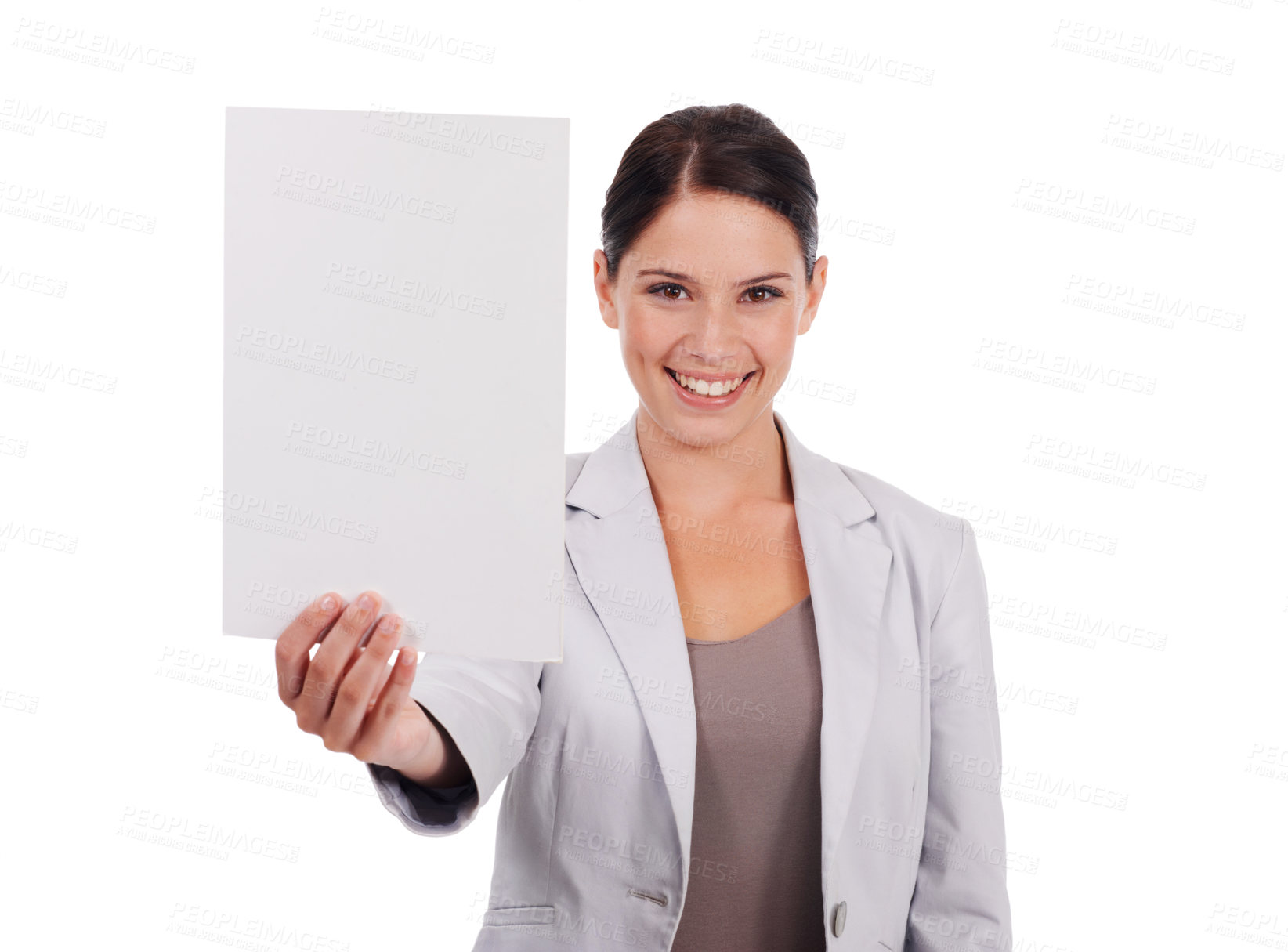 Buy stock photo Portrait, mockup and woman with a paper, deal and promotion isolated against white studio background. Face, female person or employee with a poster, decision or choice with brand logo or presentation