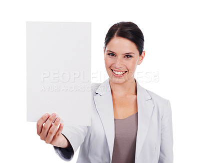Buy stock photo Portrait, mockup and woman with a paper, career and employee isolated against white studio background. Face, female person and consultant with a poster, brand development and information for decision