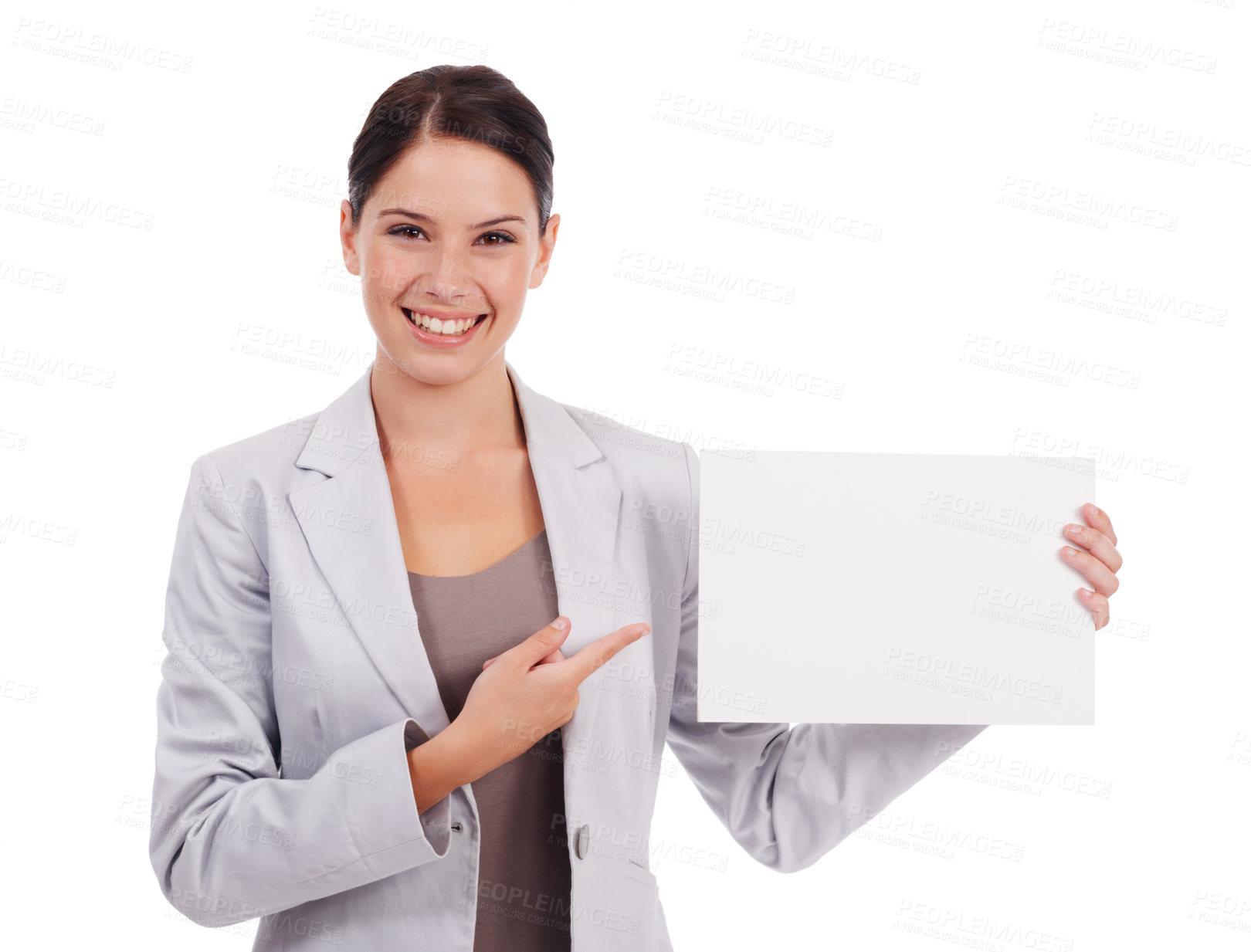 Buy stock photo Portrait, mockup and woman with a poster, pointing and lady isolated against a white studio background. Face, female person and model with paper, promotion and decision with employee and opportunity