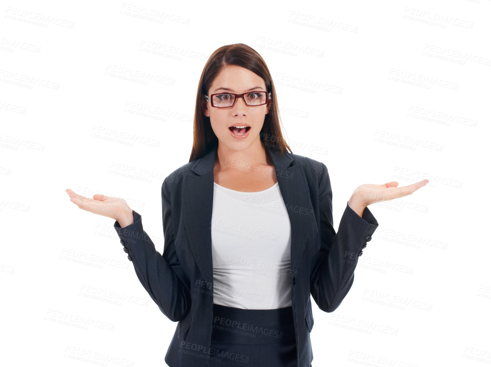 Buy stock photo Studio portrait of a young business woman shrugging her shoulders isolated on white