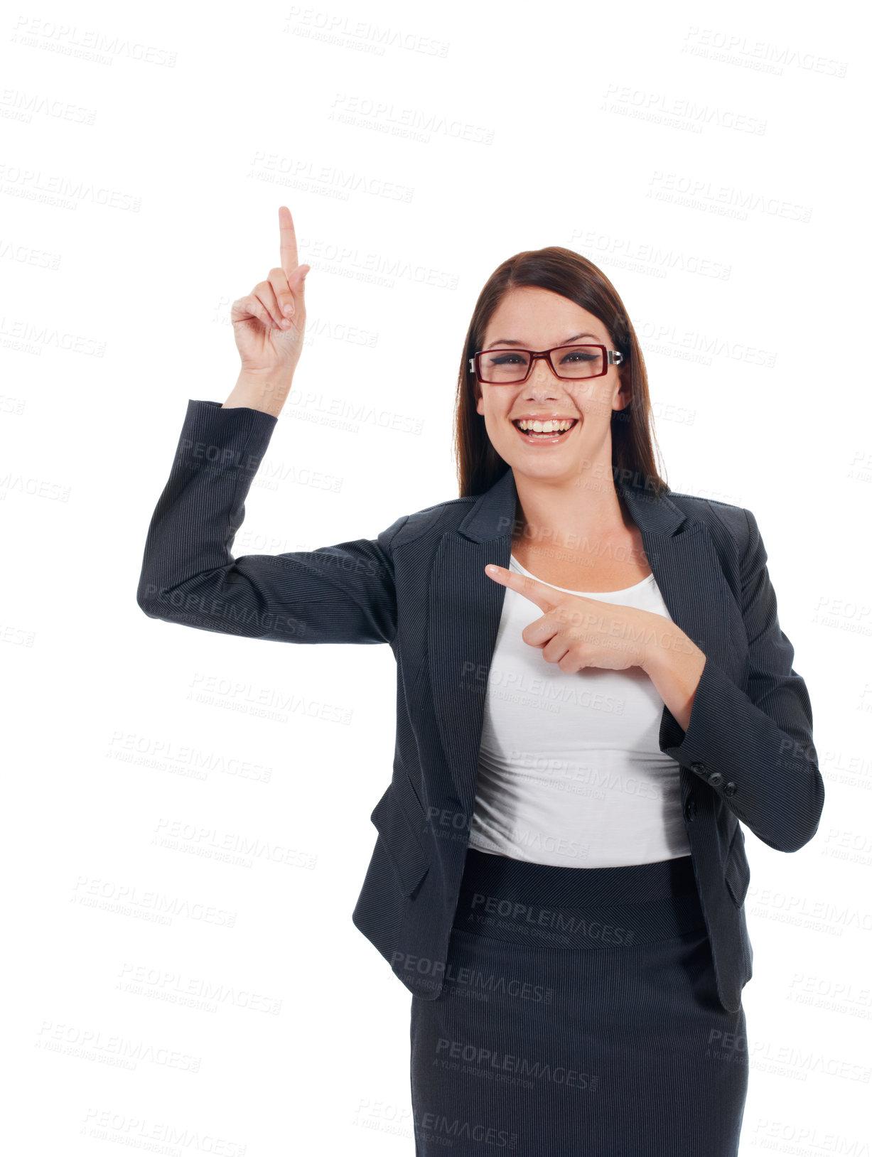 Buy stock photo Portrait, happy and business woman pointing at mockup space, retail promotion or discount notification. Smile, corporate presentation gesture and female brand ambassador on studio white background