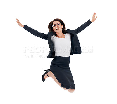Buy stock photo Business woman, jump celebration and studio portrait with freedom, happiness and achievement by white background. Isolated businesswoman, flying and winning with bonus, goals or profit by backdrop