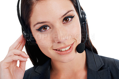 Buy stock photo Woman, studio headshot and smile for call center job for customer service, telemarketing or listening. Isolated girl, tech support and headphones with mic, consulting or happy crm by white background