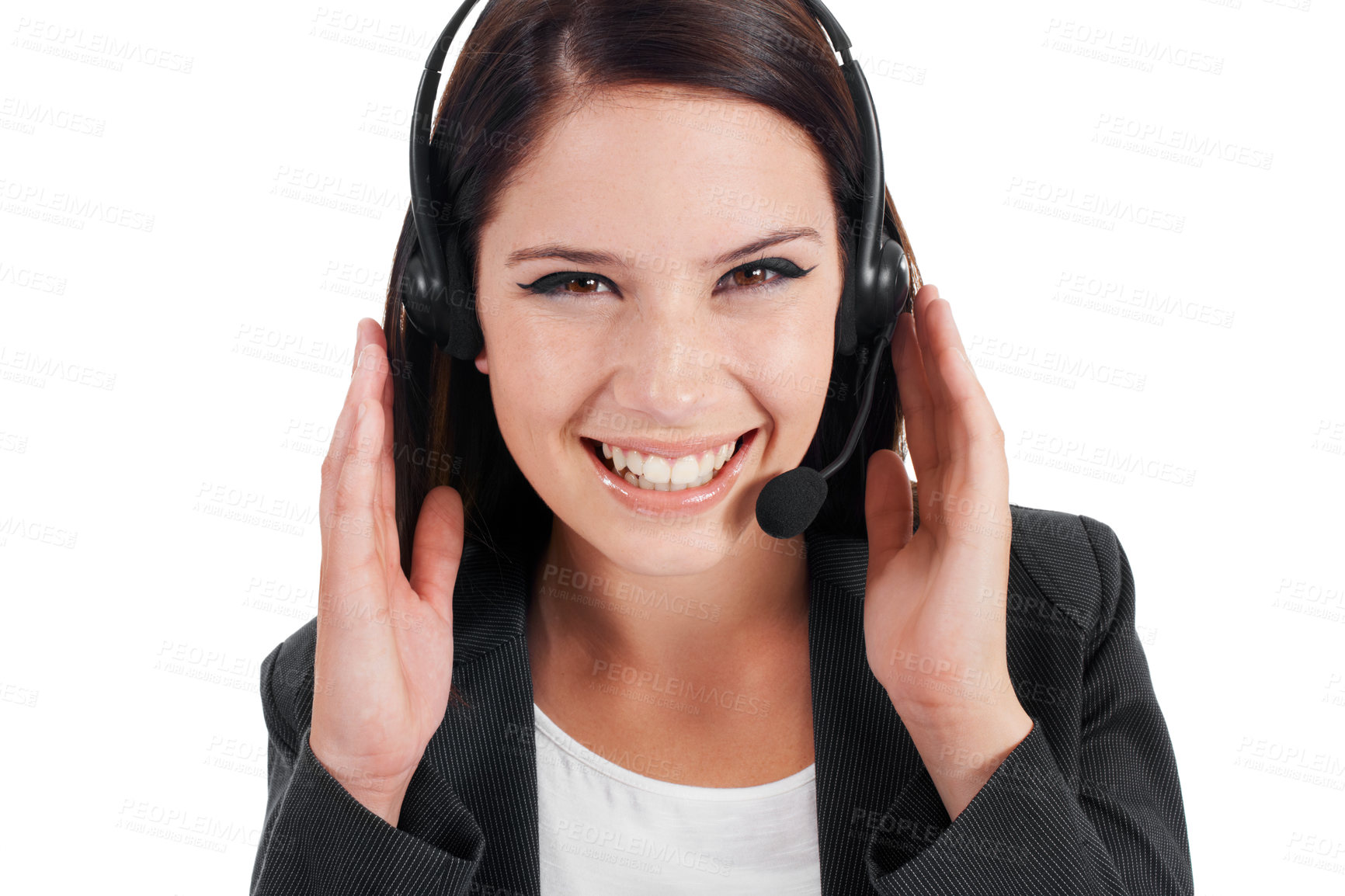 Buy stock photo Portrait, consultant and woman with telemarketing, customer service and employee isolated against white studio background. Face, female person or operator with a headset, tech support and call center