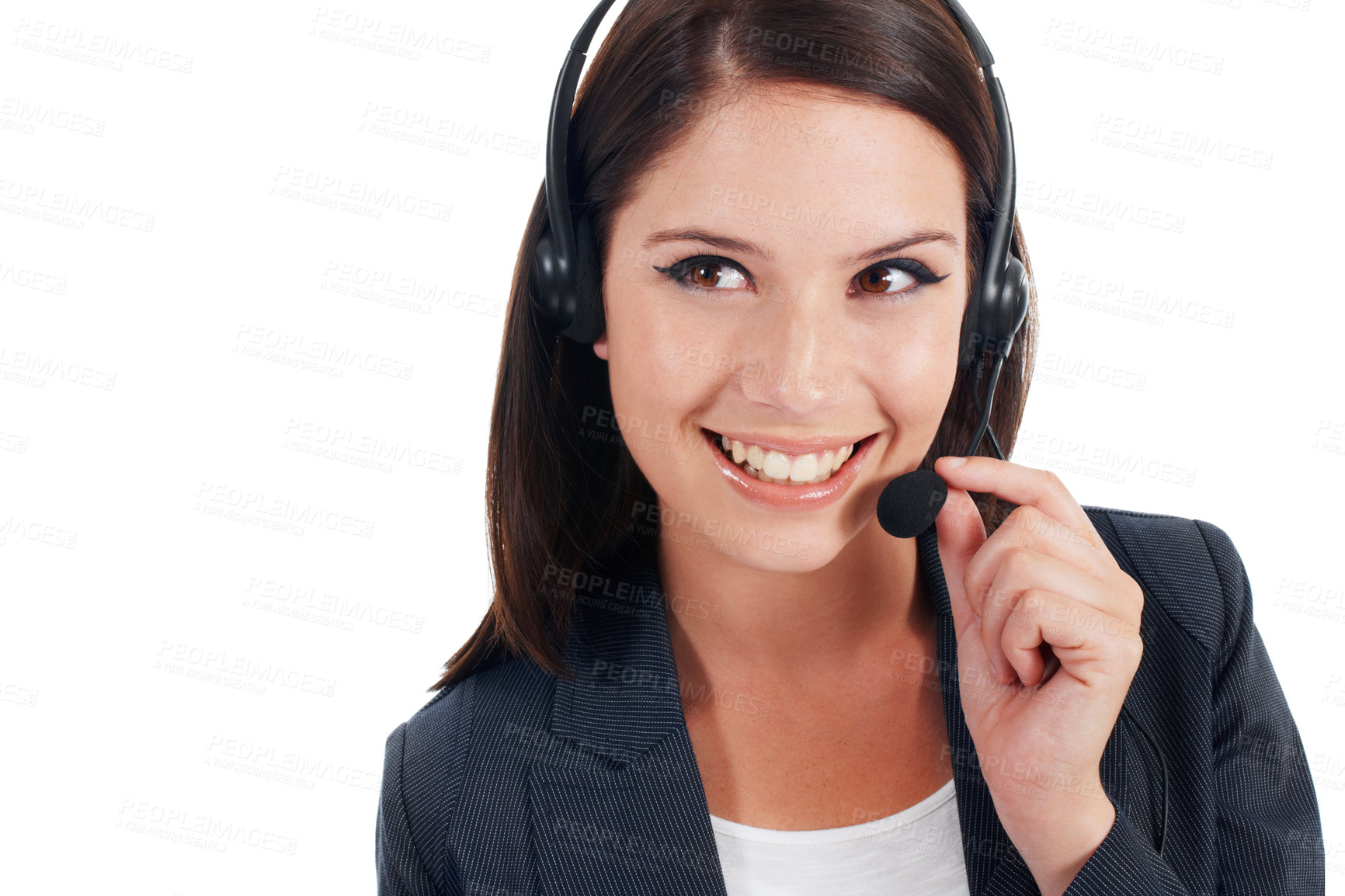 Buy stock photo Customer support communication, studio face or happy woman talking on conversation, telecom headset or networking. Callcenter person, contact us CRM or insurance agent with advice on white background
