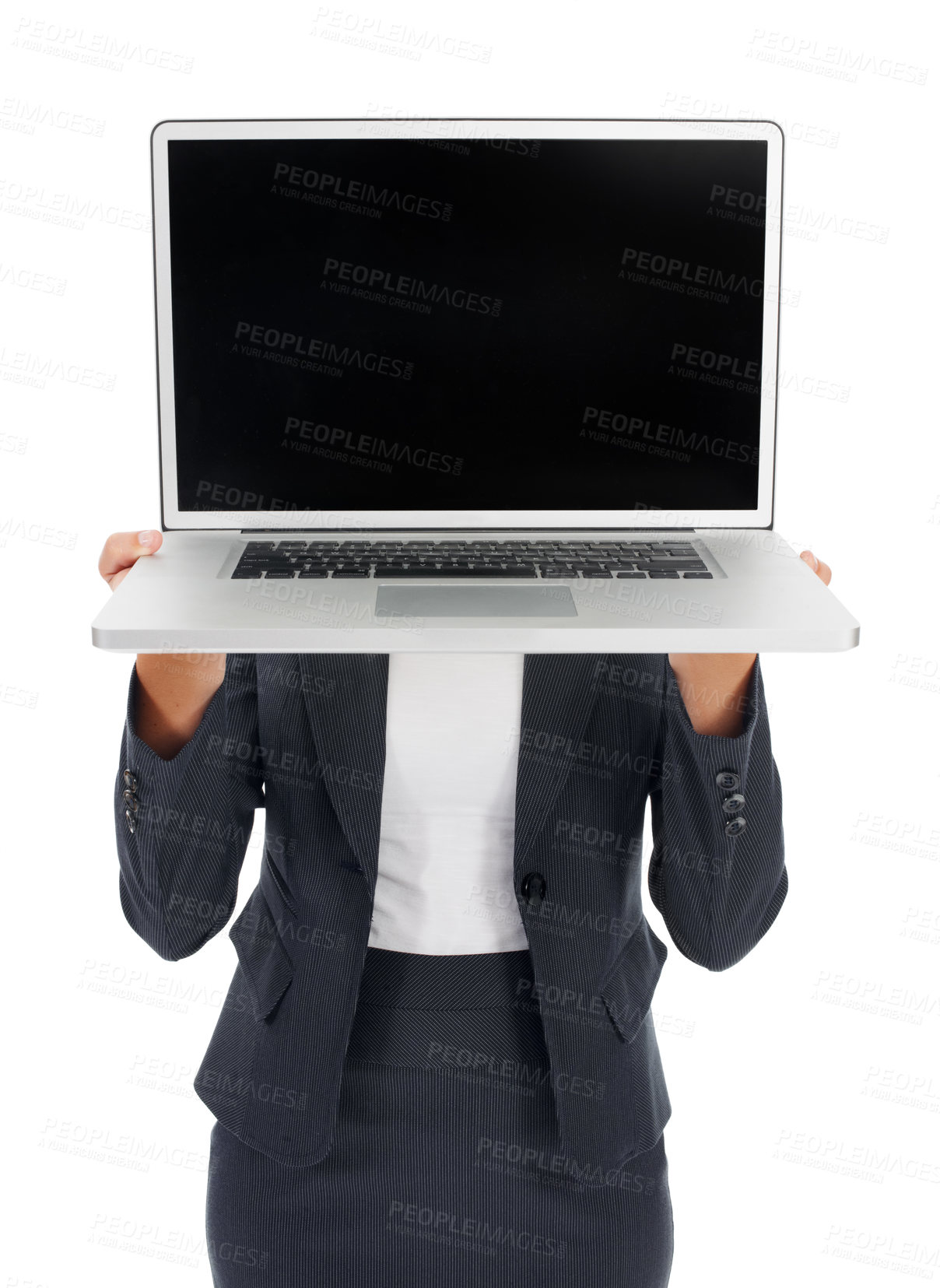 Buy stock photo Laptop screen mock up, studio and corporate woman with brand promotion, digital advertising or online notification. Logo, hidden and person with social media presentation isolated on white background