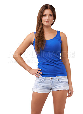 Buy stock photo Woman, portrait and fashion confidence in studio for summer style, mockup space or white background. Female person, model and face for cool trends or shorts for relax weekend outfit, casual or pose