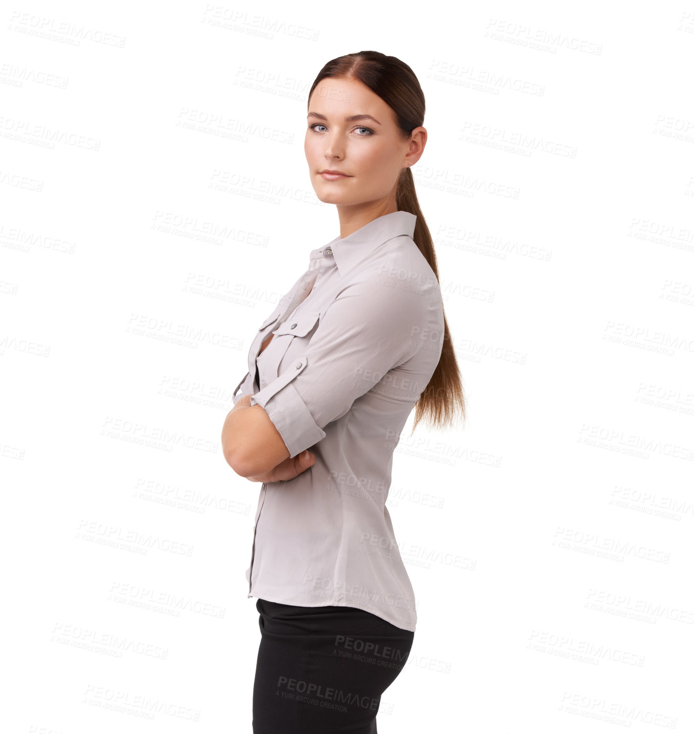 Buy stock photo Businesswoman, portrait and confidence in studio for fashion arms crossed, formal outfit or sales career. Female person, face and mockup space on white background for professional, pride or style