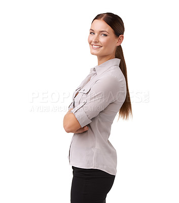Buy stock photo Businesswoman, portrait and smile confidence in studio for fashion arms crossed, formal outfit or career. Female person, face and mockup space on white background for professional, pride or style