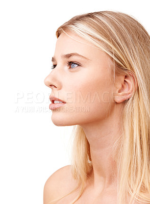 Buy stock photo Woman, face or makeup with thinking for skincare, cosmetics or facial treatment in studio or mock up space. Person, natural and confidence or pride with hair care, keratin or glow on white background