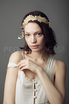 Buy stock photo Fashion, natural beauty and portrait of woman in studio isolated on a gray background. Beautiful, vintage clothes and serious female model from Australia with retro style, headband and cosmetics.