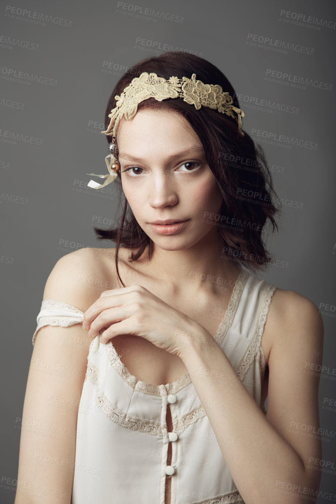 Buy stock photo Fashion, natural beauty and portrait of woman in studio isolated on a gray background. Beautiful, vintage clothes and serious female model from Australia with retro style, headband and cosmetics.