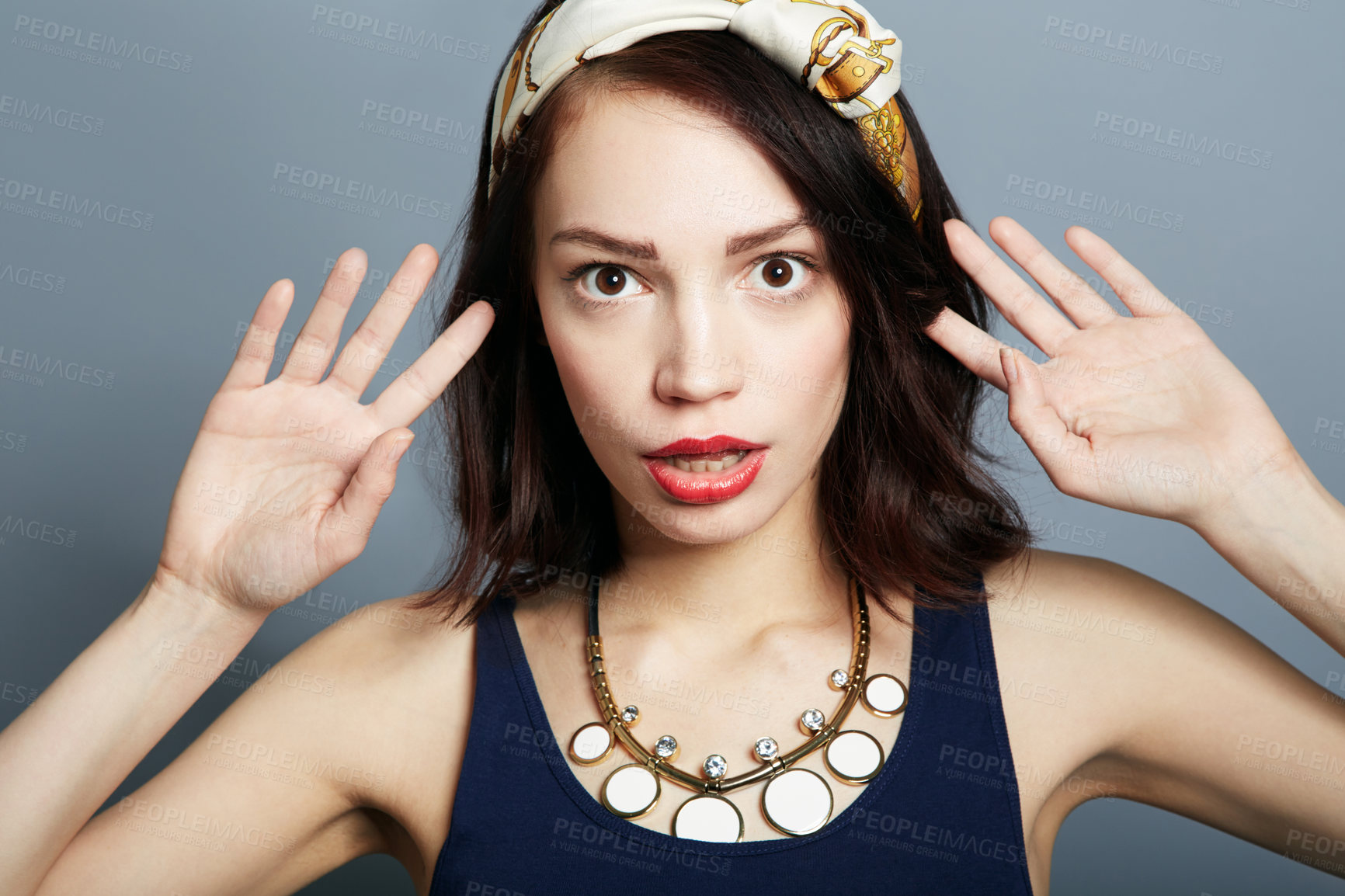Buy stock photo Portrait, surprise and woman with wow, gossip and announcement on a grey studio background. Face, person and model with facial expression, shocked and news with deal, opportunity and omg with emoji