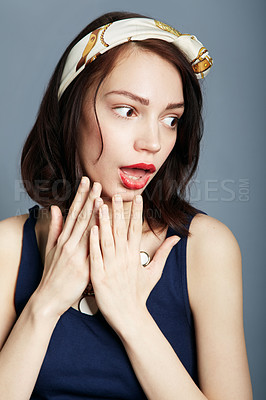 Buy stock photo Wow, shock and woman with hands on face in studio for surprise, news or fashion sale announcement on grey background. Omg, gossip and female model with oops emoji for drama, secret or giveaway promo