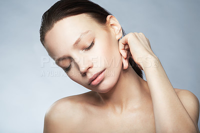 Buy stock photo Skincare, glow and a woman with calm beauty isolated on a white background in a studio. Cosmetics, peace and a young model with care for skin from dermatology, wellness and a clear complexion
