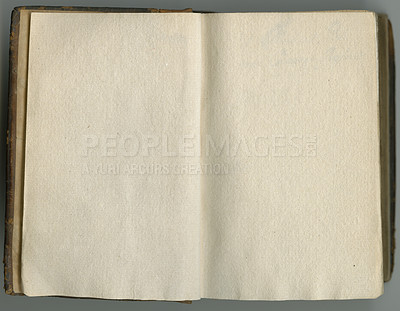 Buy stock photo Retro book, empty paper and mockup for story, language and literature in history or philosophy subject. Open notebook or journal with print space for script, parchment or fiction in old page texture