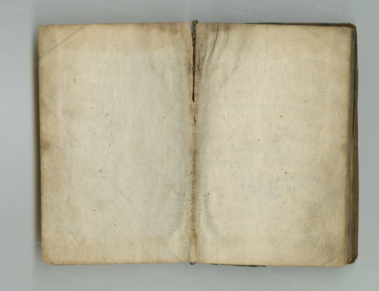 Buy stock photo Blank, parchment and old book with paper in vintage texture or faded writing on page. Ancient, manuscript and empty document in history with damaged or stained pages in journal or archive in library