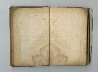 Buy stock photo Old book, parchment and blank paper in vintage texture or faded water damage on page. Ancient, manuscript and empty document in history with aged, stained and mold on pages in journal from archive