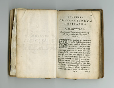Buy stock photo Antique medical book, information and ancient knowledge on medicine study, health notes or vintage healing guide. Latin language, history journal and text manual for healthcare education literature