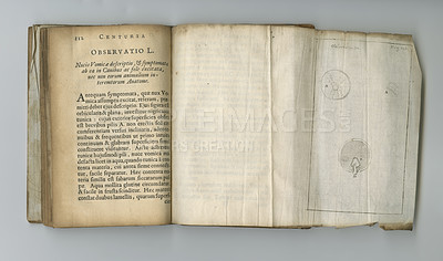 Buy stock photo Antique medical page, knowledge and research on medicine study, introduction and pathology. Latin language, information and parchment paper for healthcare education literature, wisdom and learning