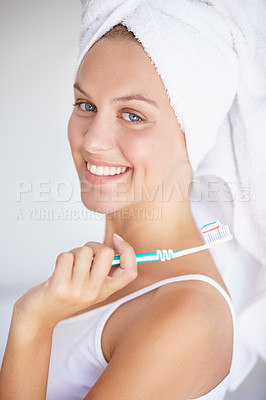 Buy stock photo Woman, brushing teeth and portrait for clean hygiene in bathroom for healthy mouth, gum dental or wellness. Female person, toothbrush and whitening routine or orthodontics, oral glow or gingivitis