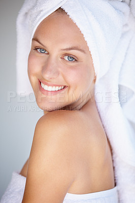 Buy stock photo Portrait of happy woman, natural beauty or towel for wellness in house bathroom for glow. Morning, detox or confident female model with skincare results, self care or healthy skin for dermatology