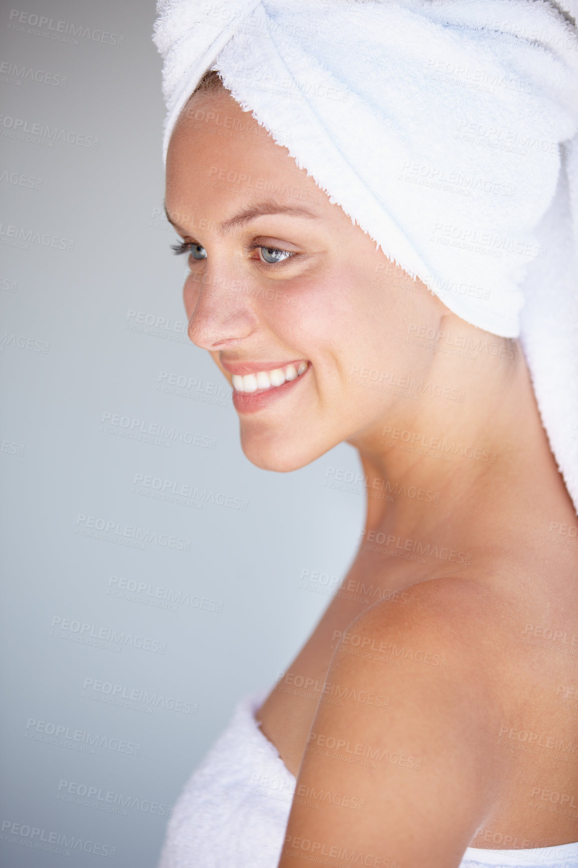 Buy stock photo Profile of happy woman, thinking or towel for skincare or wellness in bathroom for glow or detox. Morning, clean or confident lady with dermatology results, beauty or healthy skin with smile to relax