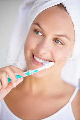 Buy stock photo Woman, toothbrush and smile for clean hygiene in bathroom for healthy mouth, gum dental care or wellness. Female person, brushing teeth and whitening routine for orthodontics, oral glow or gingivitis