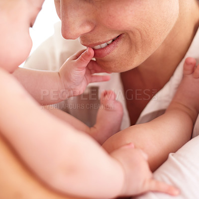 Buy stock photo Play, family and mother with baby, closeup and happiness with joy, home and wellness. Mama, infant and toddler with fun, relax and healthy with love, bonding together and childhood development