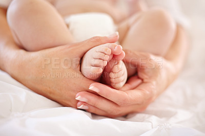 Buy stock photo Woman, child and feet closeup for love connection or childhood bonding, motherhood or newborn. Female person, infant and toes or care support for kid growth development, parent trust or nurture youth