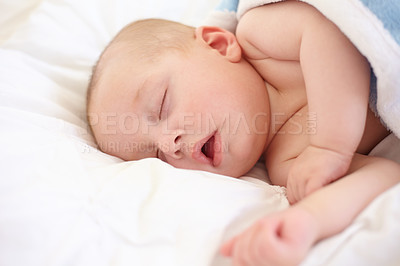 Buy stock photo Baby, newborn and sleeping on bed in home for peace, calm and dreaming at cozy nap in nursery room. Tired young kid asleep for break, resting and healthy childhood development in bedroom of house 