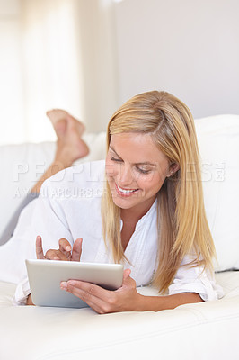 Buy stock photo Home, bedroom and woman with a tablet, typing and communication with internet, social media and relax. Person, apartment and girl with technology, connection and digital app with a smile and network
