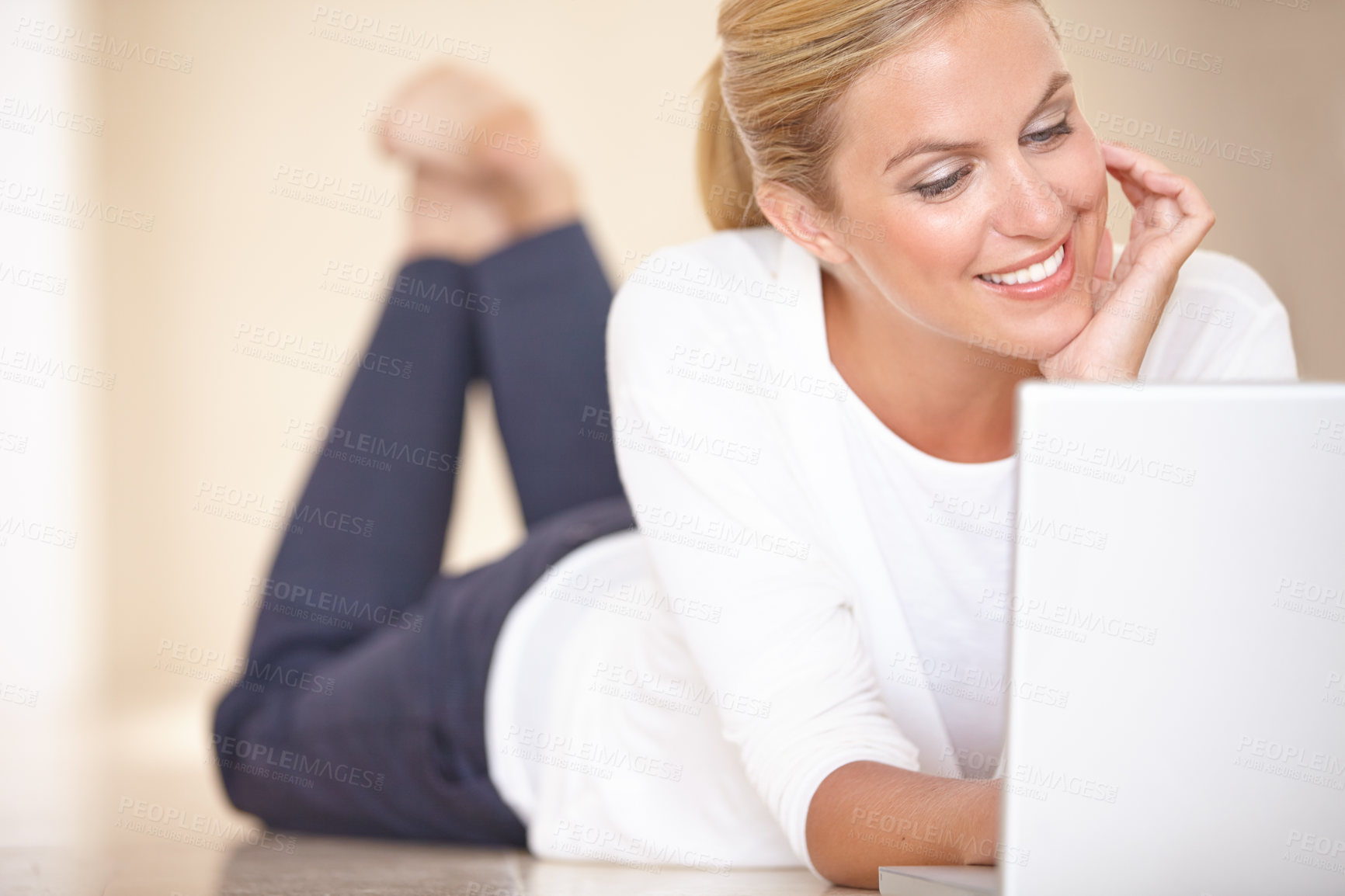 Buy stock photo Home, typing and woman on the floor, laptop and communication with internet, social media and relax. Person, apartment and girl with technology, connection and digital with email and network
