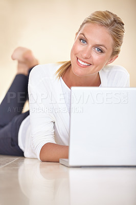 Buy stock photo Portrait, woman and remote work with laptop on floor to update blog post, social media and digital subscription at home. Happy freelancer relax with computer for online shopping, elearning and email 