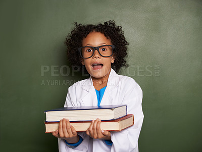 Buy stock photo Child, surprise and portrait with books by chalkboard for education stress, science learning and physics knowledge. African kid or student shocked or wow for school, scholarship fear and classroom