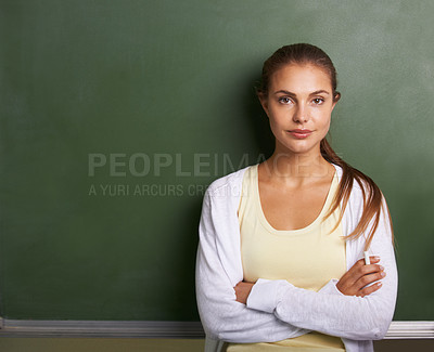 Buy stock photo Teacher woman, portrait and chalkboard with space for mockup, classroom or learning for future at academy. Education employee, teaching expert or person with promo, knowledge or information in school