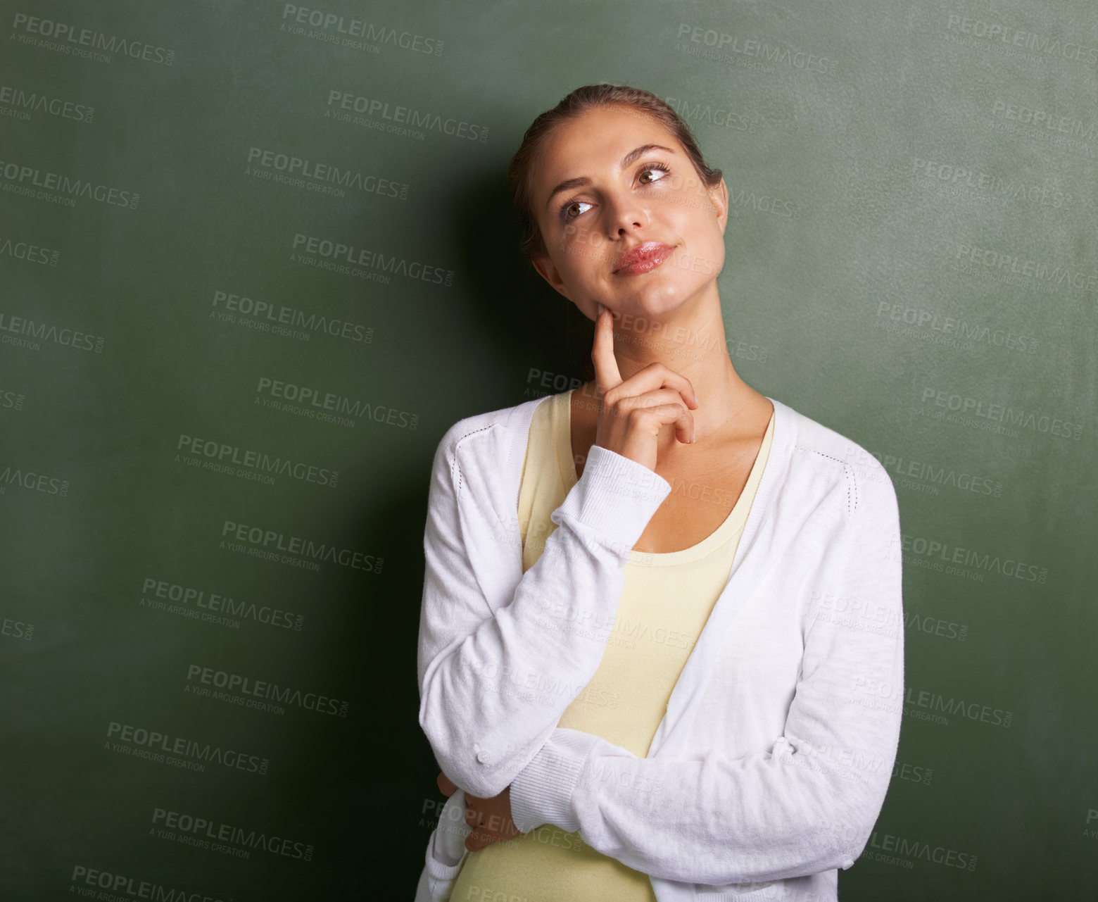 Buy stock photo Woman, teacher thinking and chalkboard for education, learning information and teaching or knowledge. Young professor, lecturer or class educator with ideas, inspiration or goals for school vision