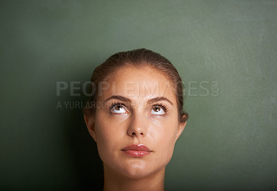 Buy stock photo Teacher, thinking and woman with ideas, solution and problem solving on a grey studio background. Person, model and girl with planning, question and opportunity with decision, mindset and choice