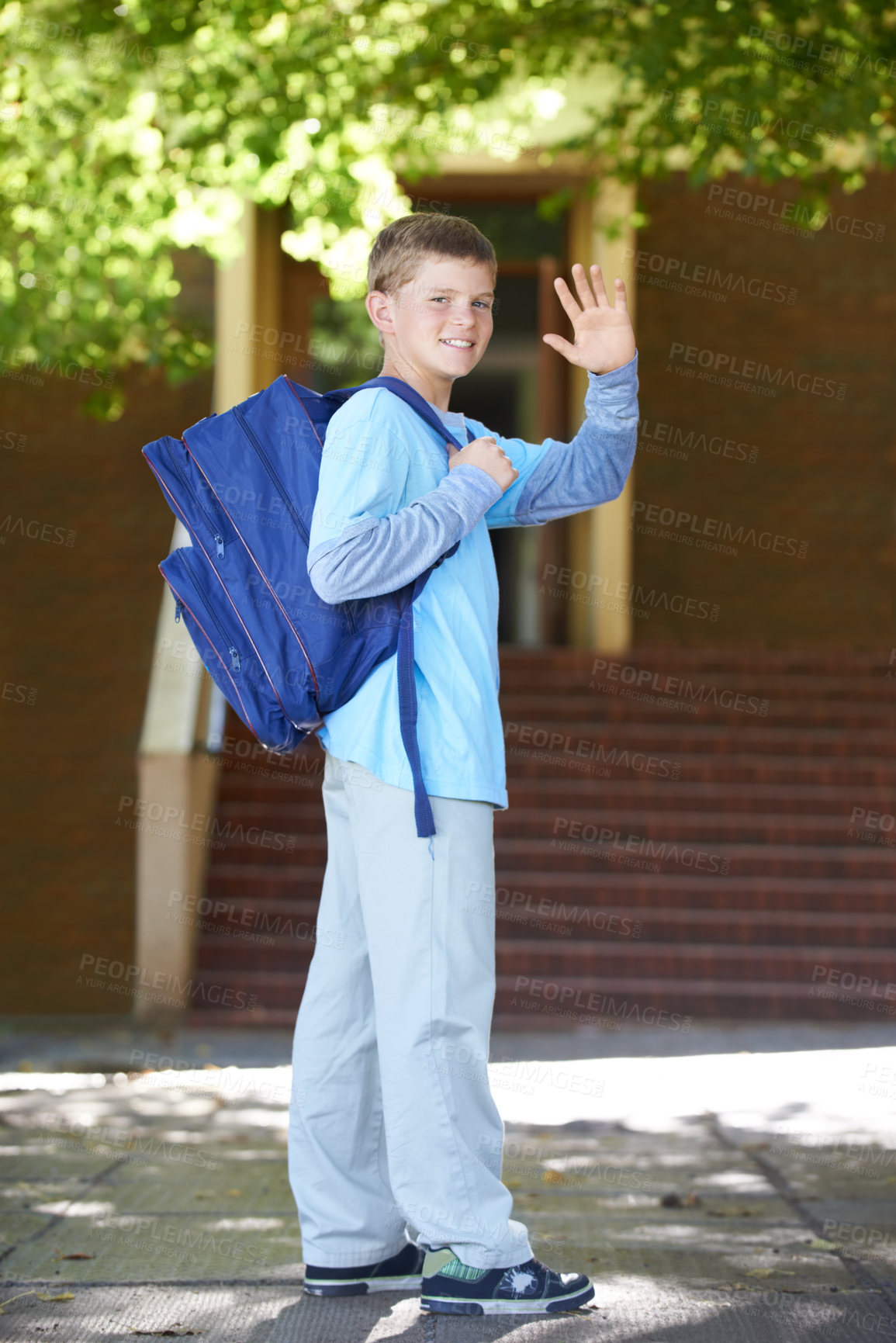 Buy stock photo Portrait, boy and school with backpack, wave and education with knowledge, outdoor and person. Student, outside or kid with a smile, childhood development or greeting with joy, symbol or hand gesture