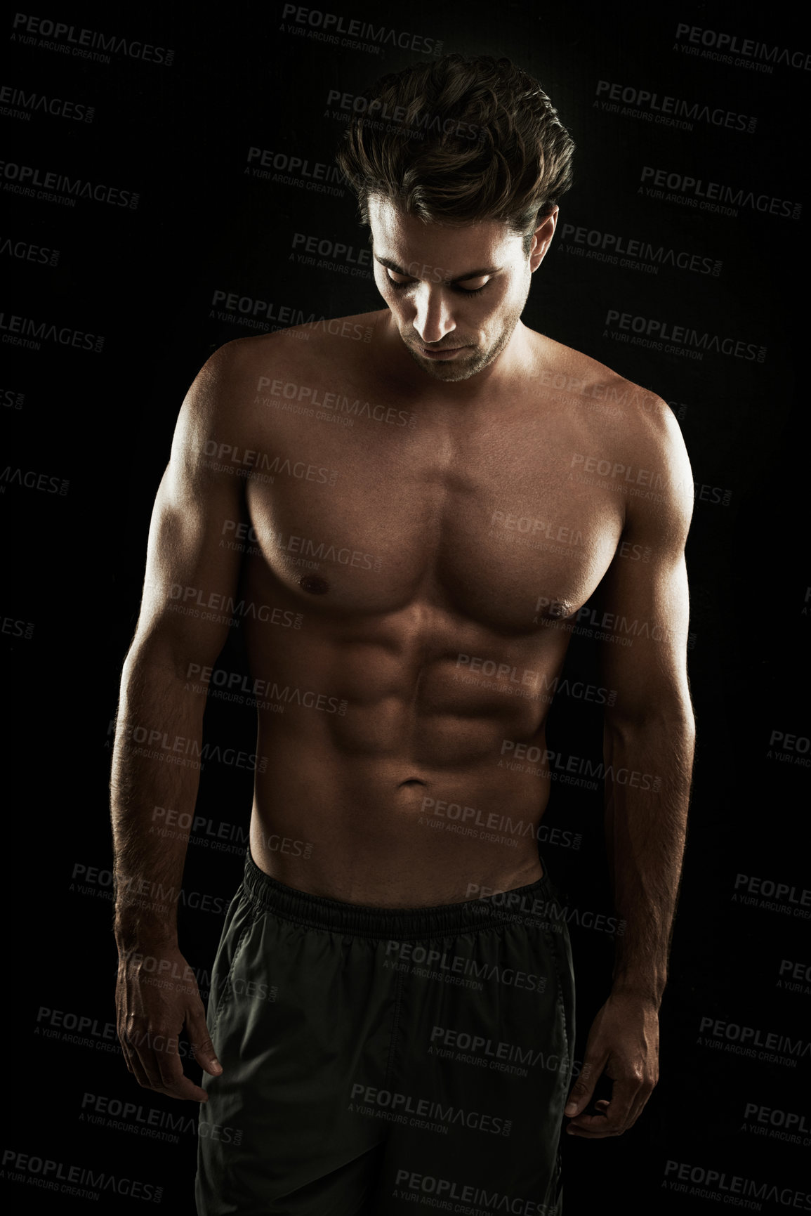 Buy stock photo Topless, black background or body of man for bodybuilding workout, training or exercise in studio. Fitness model, dark or ripped person with healthy body, shadow or muscle for wellness in Italy 