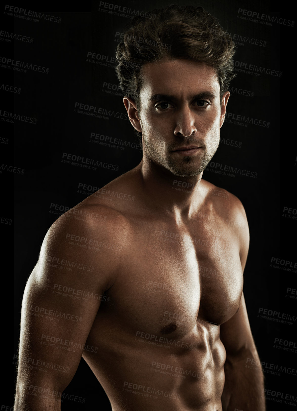 Buy stock photo Topless, black background or portrait of man for bodybuilding results, six pack or stomach in studio. Fitness model, dark or ripped person with healthy body, abs or muscle for wellness in Italy 