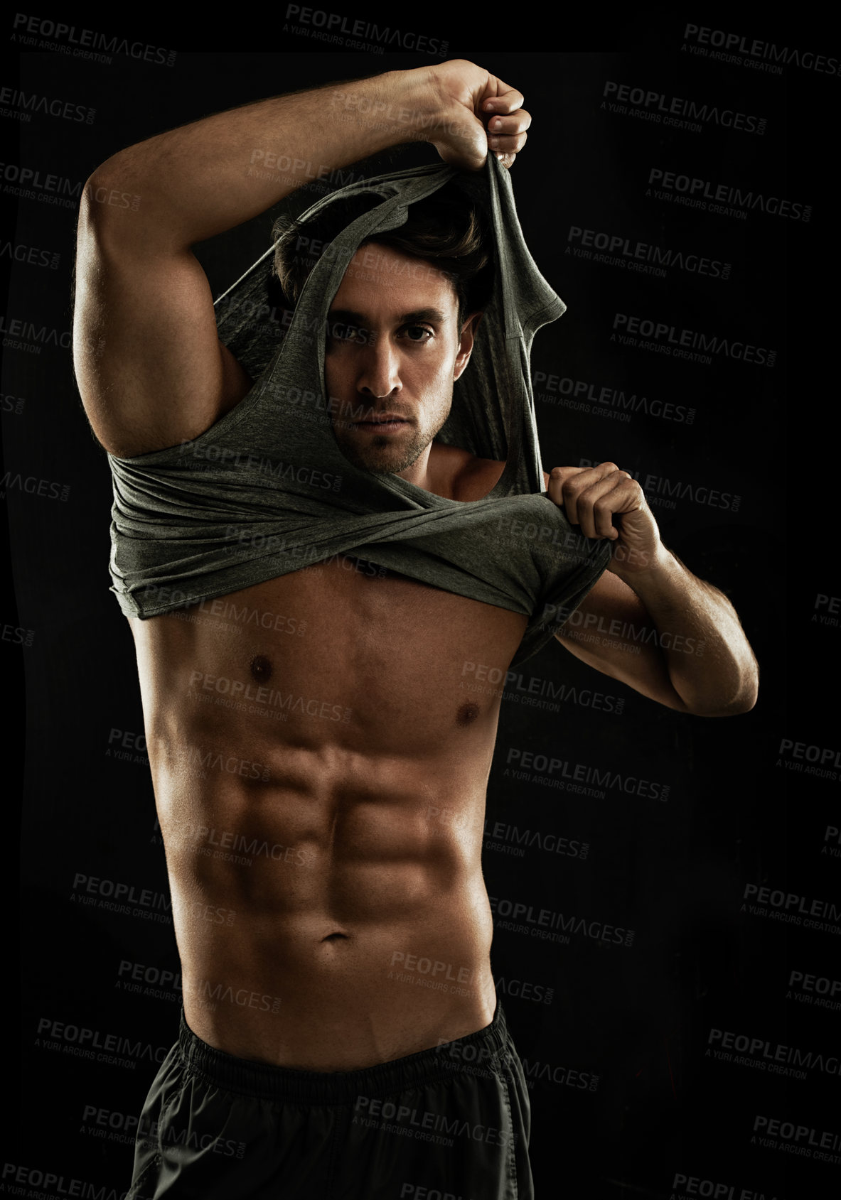 Buy stock photo Portrait, black background or man undress with six pack, strong abs or stomach in studio for fitness. Off, cool model or ripped person with healthy body, dark shadow or abdomen muscle for wellness