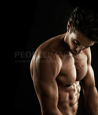 Buy stock photo Muscle, black background or topless man for abs workout, training or exercise in studio for fitness. Model, dark shadow or ripped male person with healthy body, six or stomach for wellness in Italy